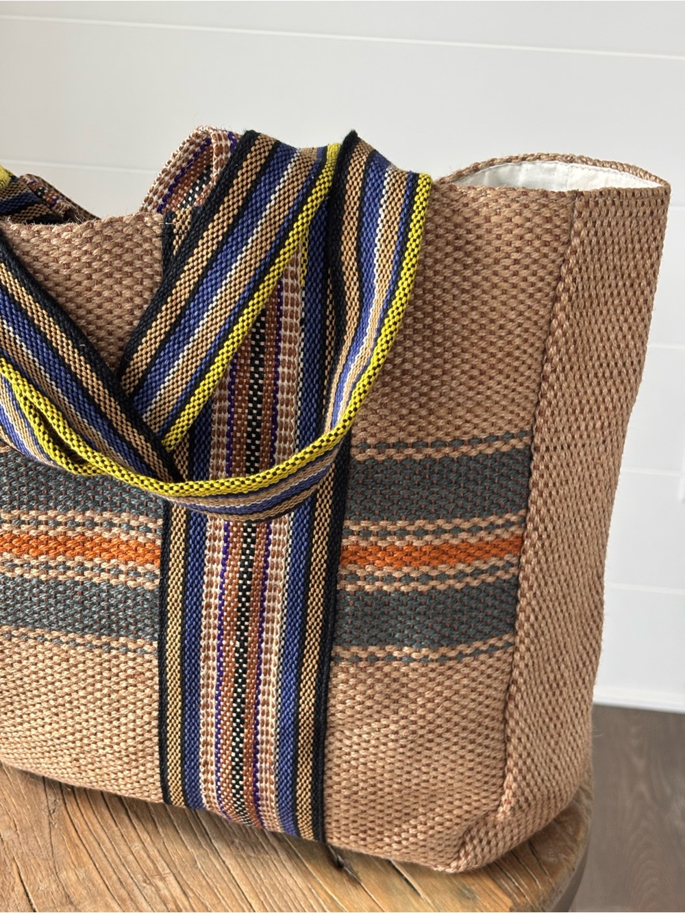 Maison Bengal Jute Club Tote Bag Shoulder Strap Handles Large Natural Tan Stripe - Picture 3 of 16